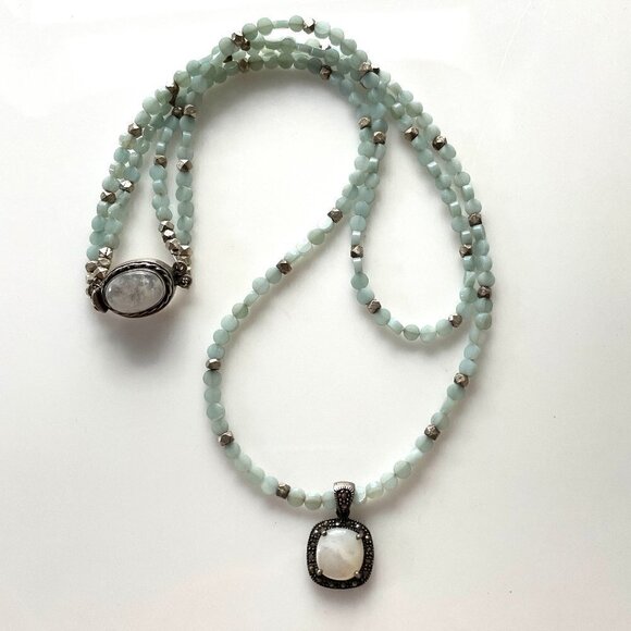 Green Aventurine Double Strand White Cabochon Quartz Pendant Sterling Necklace - Picture 1 of 8